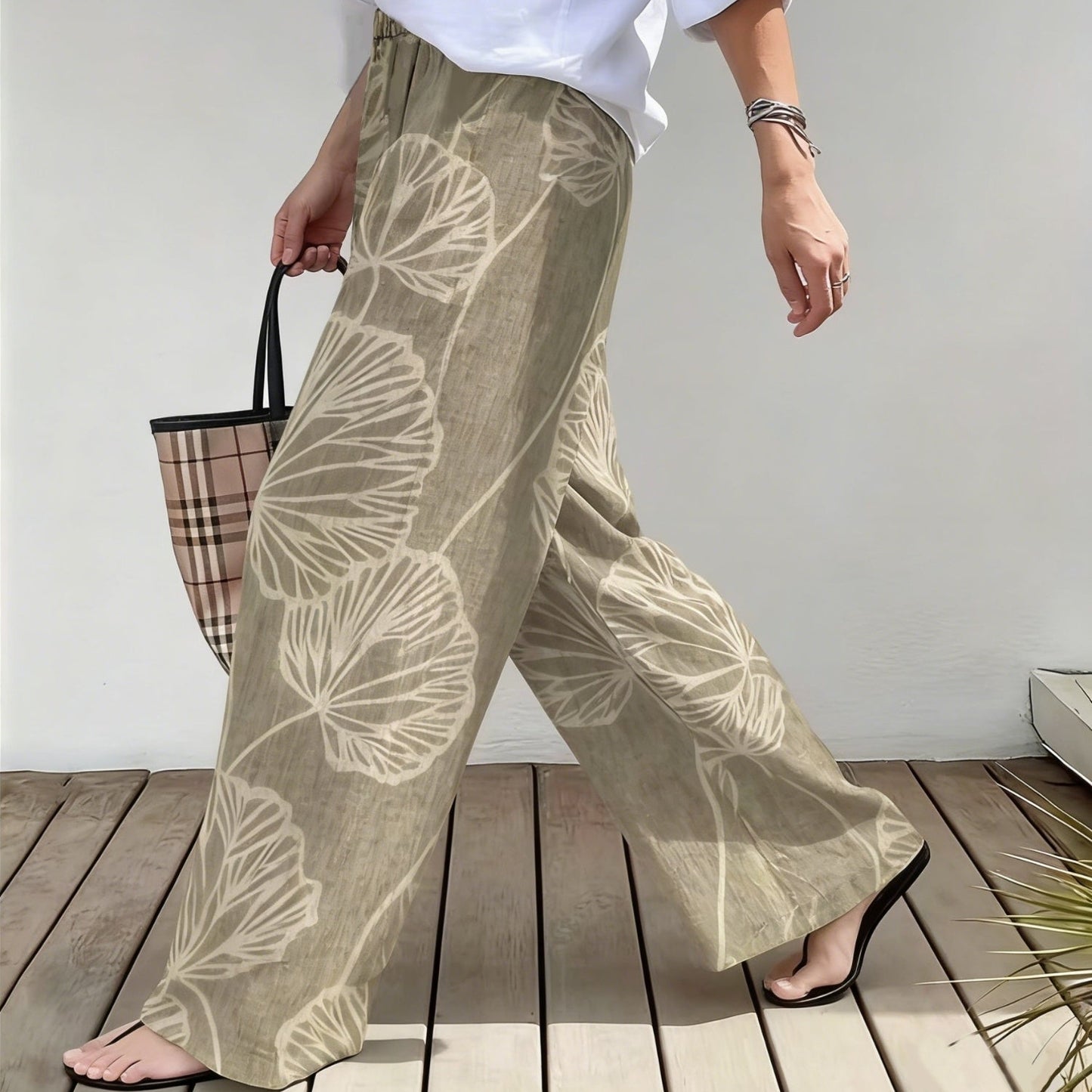 Ginkgo Leaf Wide-Leg Casual Pants
