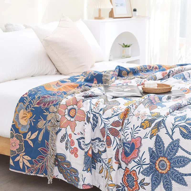 Floravista Reversible Cotton Throw Blanket - Soft Floral Design for Cozy Living