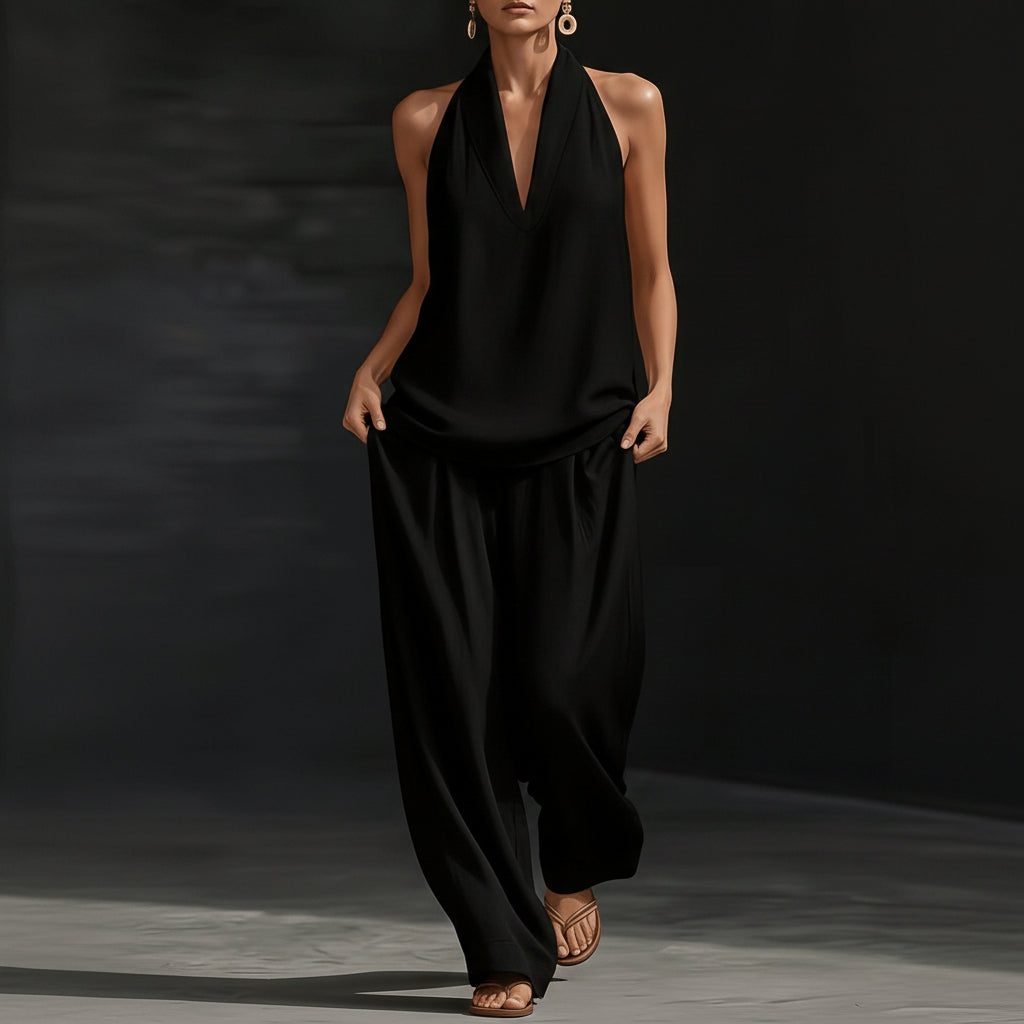 Linen V-Neck Sleeveless Wide-Leg Set