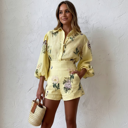 Elegant Floral Print Blouse and Shorts Two-Piece Set