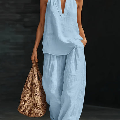 Linen V-Neck Sleeveless Wide-Leg Set
