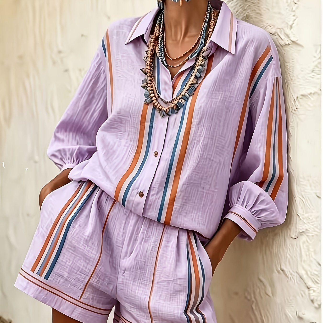 Striped Vacation Shirt and Shorts Two-Piece Set