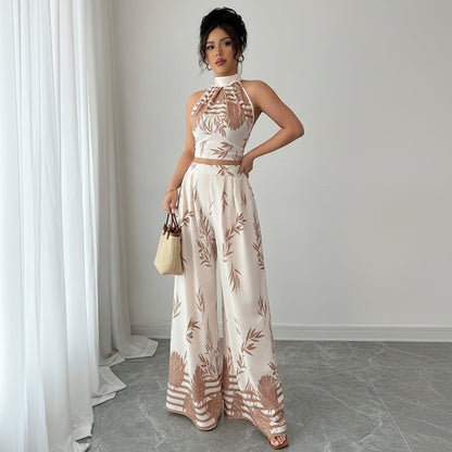 Elegant Printed Halter Top and Wide-Leg Pants Set