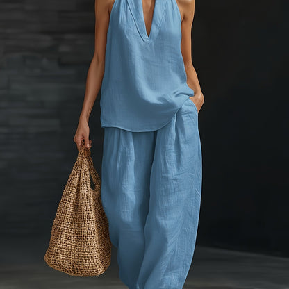 Linen V-Neck Sleeveless Wide-Leg Set