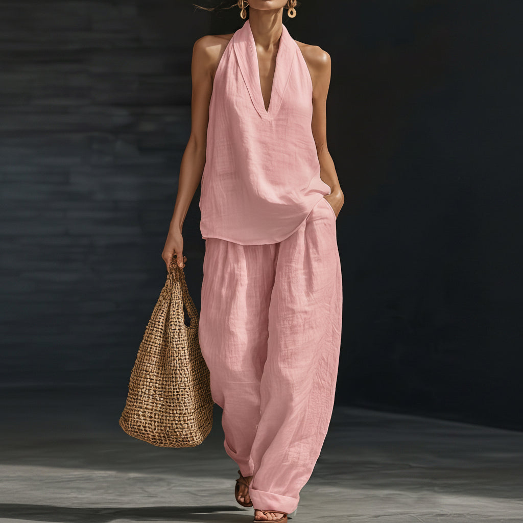 Linen V-Neck Sleeveless Wide-Leg Set