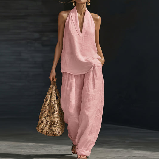 Linen V-Neck Sleeveless Wide-Leg Set