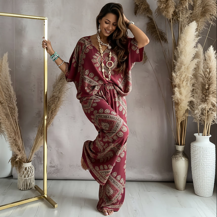 Geometric Print Mid-Sleeve Top and Long Pants Two-Piece Set
