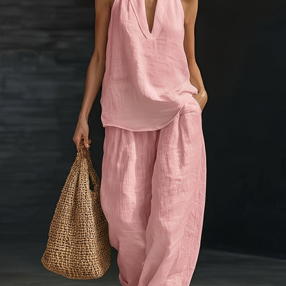 Linen V-Neck Sleeveless Wide-Leg Set