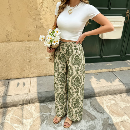 Tropical Linen-Blend Wide-Leg Beach Pants with Elastic Waist