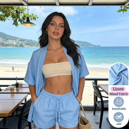Resort Linen Cardigan Shorts Set