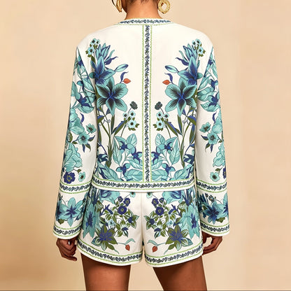 Floral Loose-Fit Long Sleeve Shirt and High-Waist Shorts Two-Piece Set