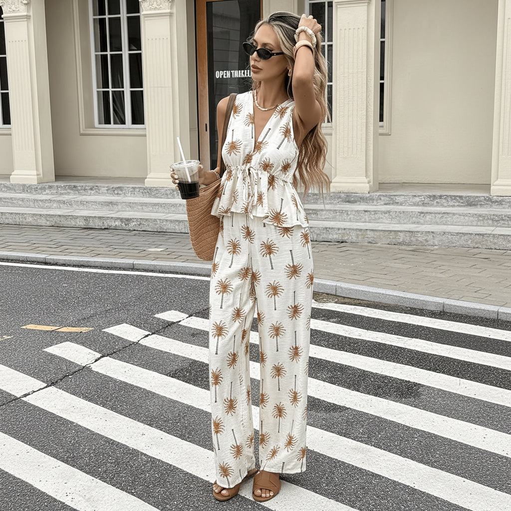 Tropical Print V-Neck Sleeveless Top and Wide-Leg Pants Set
