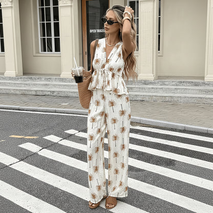 Tropical Print V-Neck Sleeveless Top and Wide-Leg Pants Set