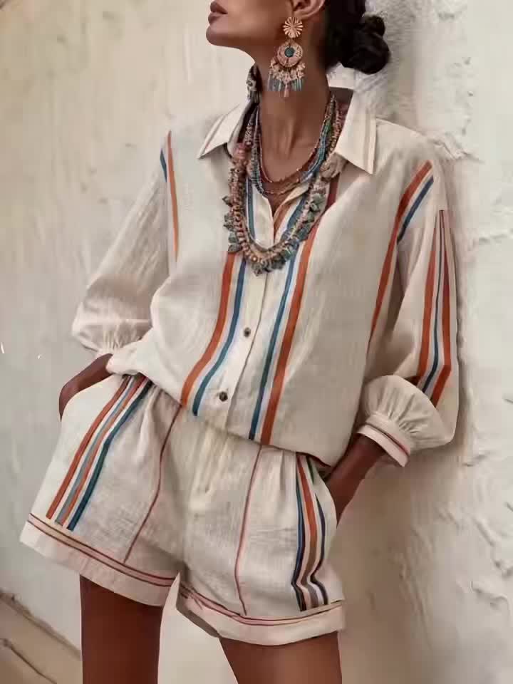 Striped Vacation Shirt and Shorts Two-Piece Set