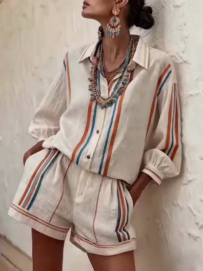 Striped Vacation Shirt and Shorts Two-Piece Set