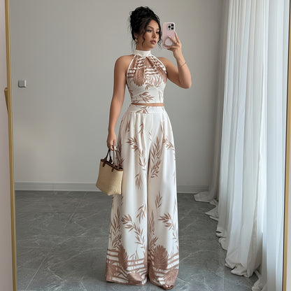 Elegant Printed Halter Top and Wide-Leg Pants Set