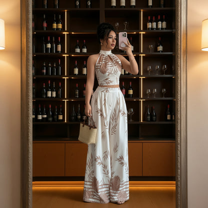Elegant Printed Halter Top and Wide-Leg Pants Set