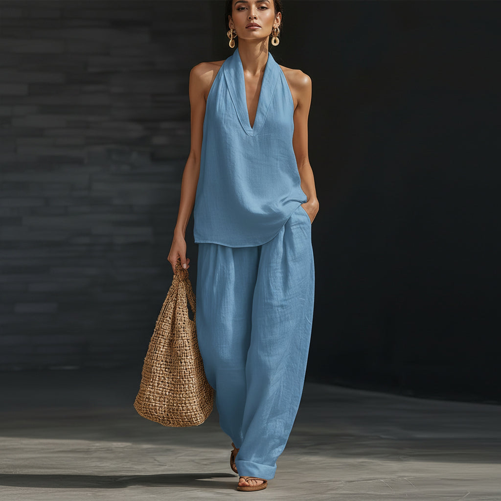 Linen V-Neck Sleeveless Wide-Leg Set