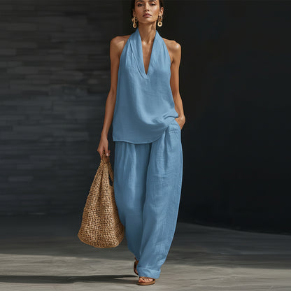 Linen V-Neck Sleeveless Wide-Leg Set