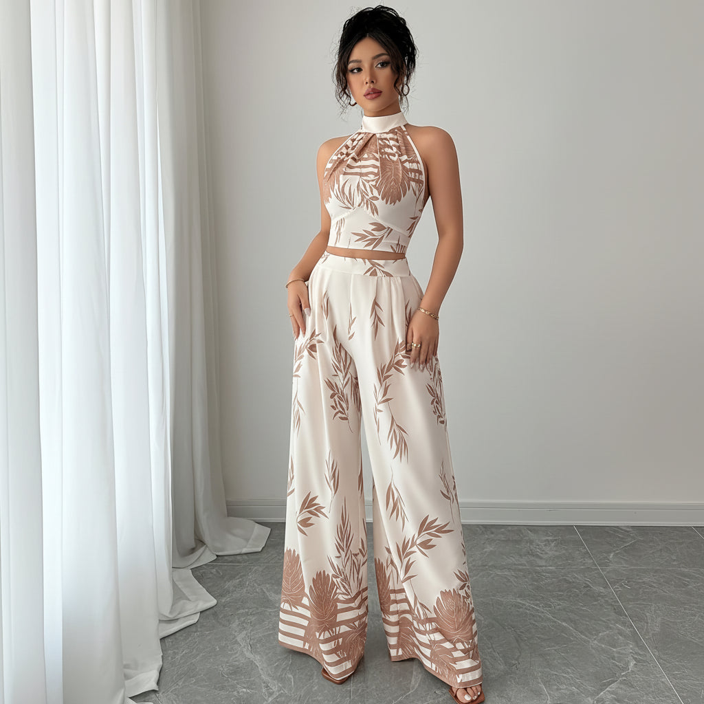 Elegant Printed Halter Top and Wide-Leg Pants Set