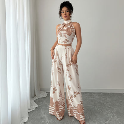 Elegant Printed Halter Top and Wide-Leg Pants Set