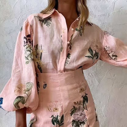 Elegant Floral Print Blouse and Shorts Two-Piece Set