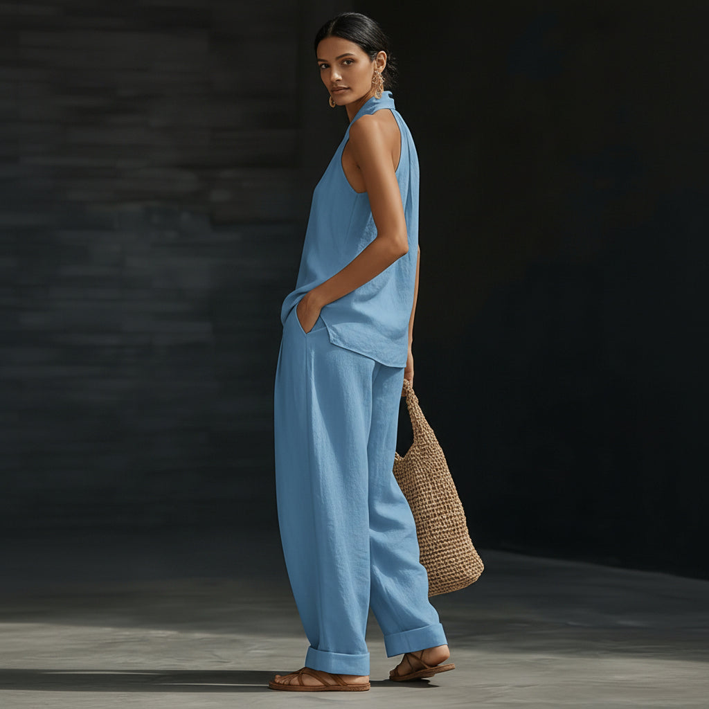 Linen V-Neck Sleeveless Wide-Leg Set