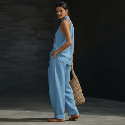 Linen V-Neck Sleeveless Wide-Leg Set