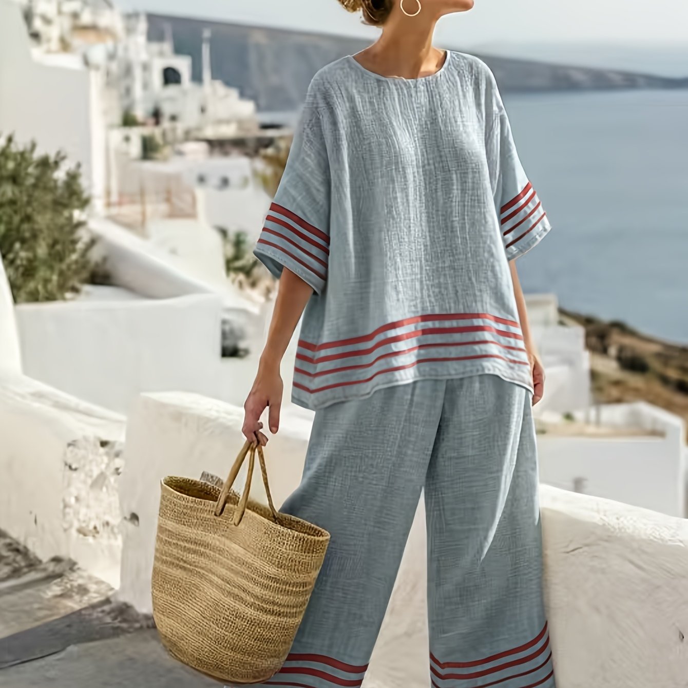 Solid Color Side Stripe Pants Set