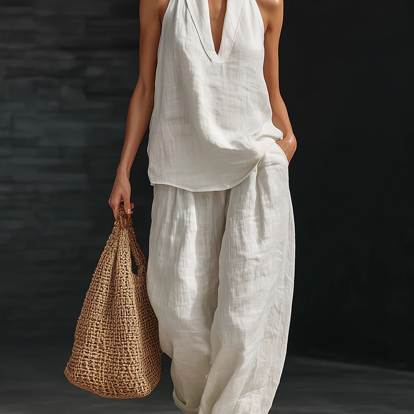 Linen V-Neck Sleeveless Wide-Leg Set