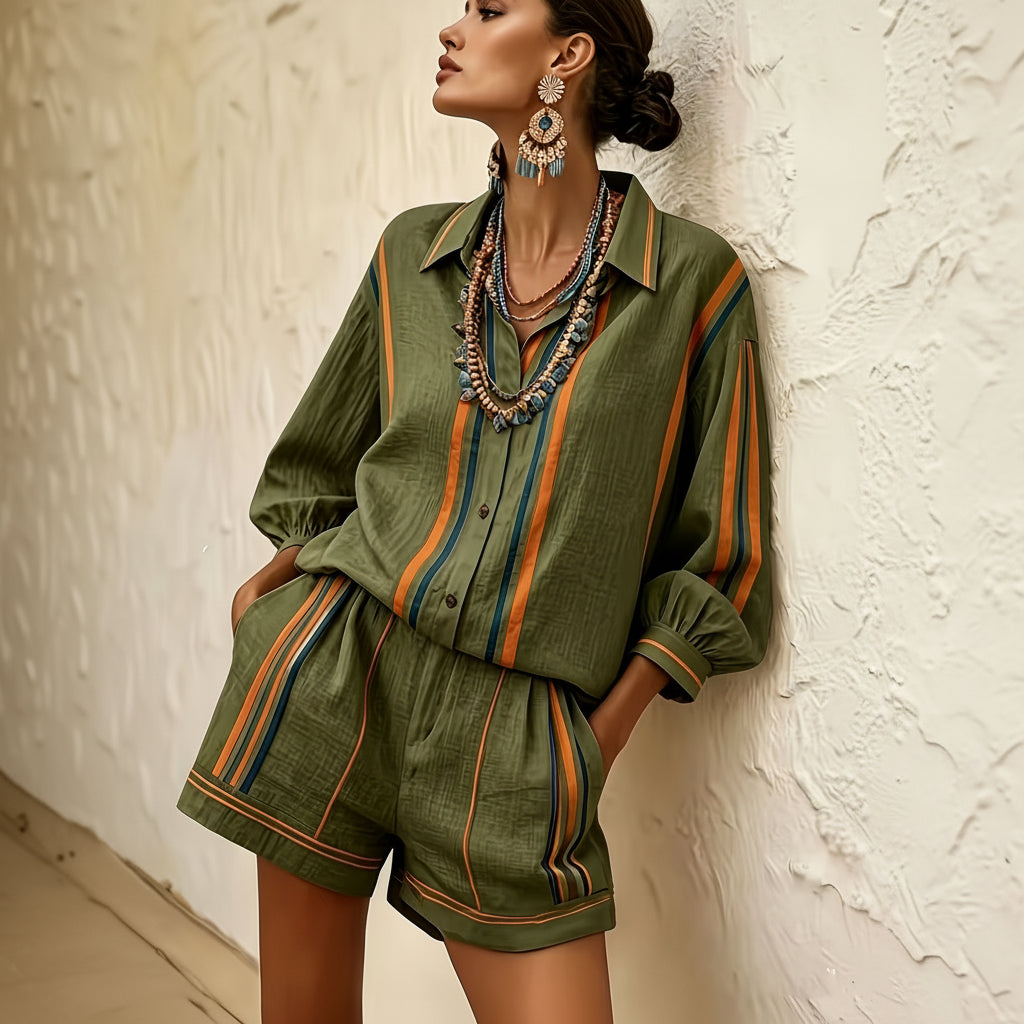 Striped Vacation Shirt and Shorts Two-Piece Set