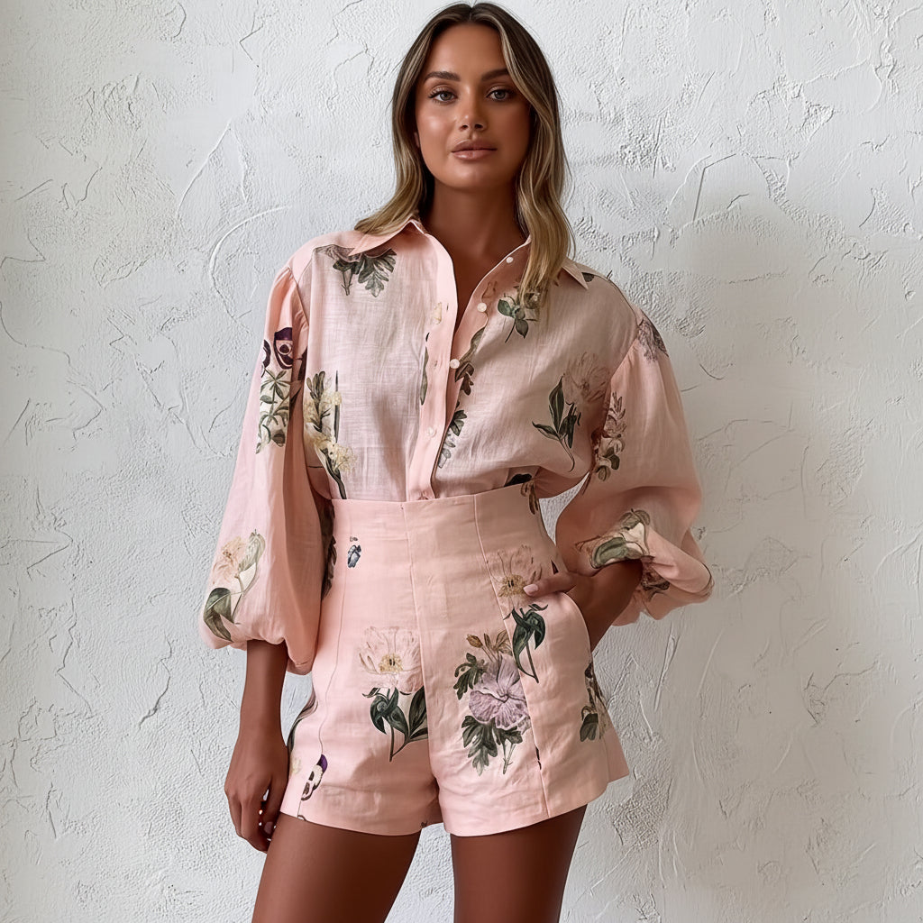 Elegant Floral Print Blouse and Shorts Two-Piece Set