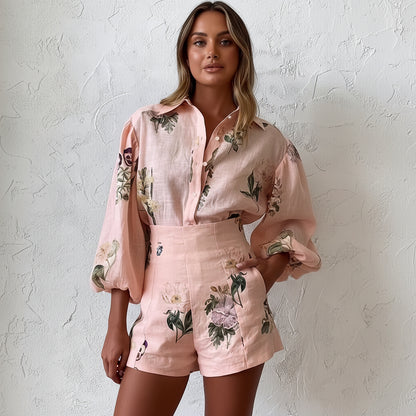 Elegant Floral Print Blouse and Shorts Two-Piece Set