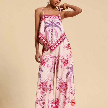 Floral Camisole and Wide-Leg Pants Two-Piece Vacation Set