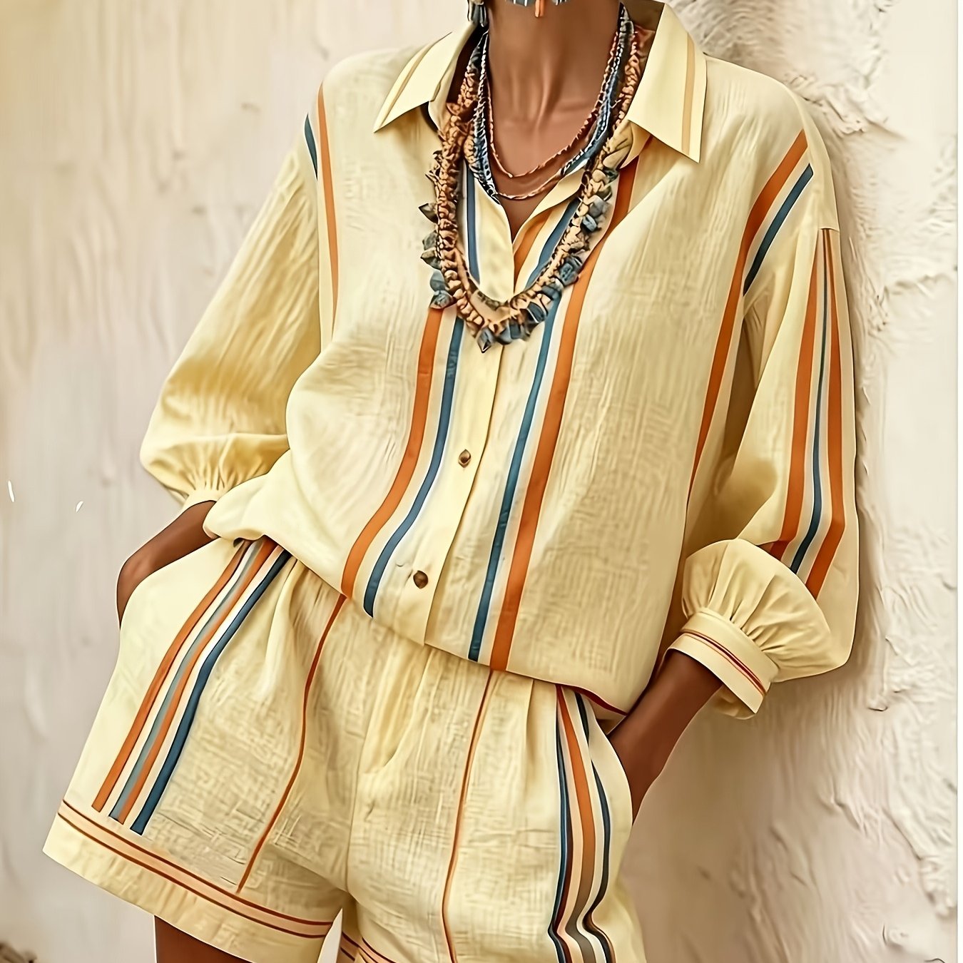 Striped Vacation Shirt and Shorts Two-Piece Set