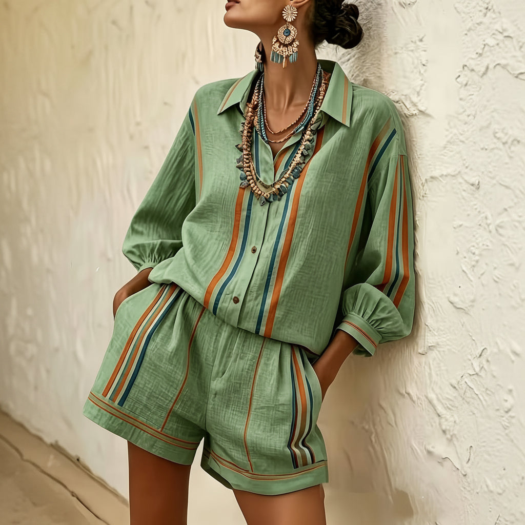 Striped Vacation Shirt and Shorts Two-Piece Set