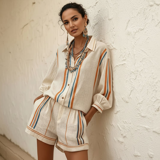 Striped Vacation Shirt and Shorts Two-Piece Set