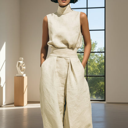 Minimalist Sleeveless Wide-Leg Linen Set