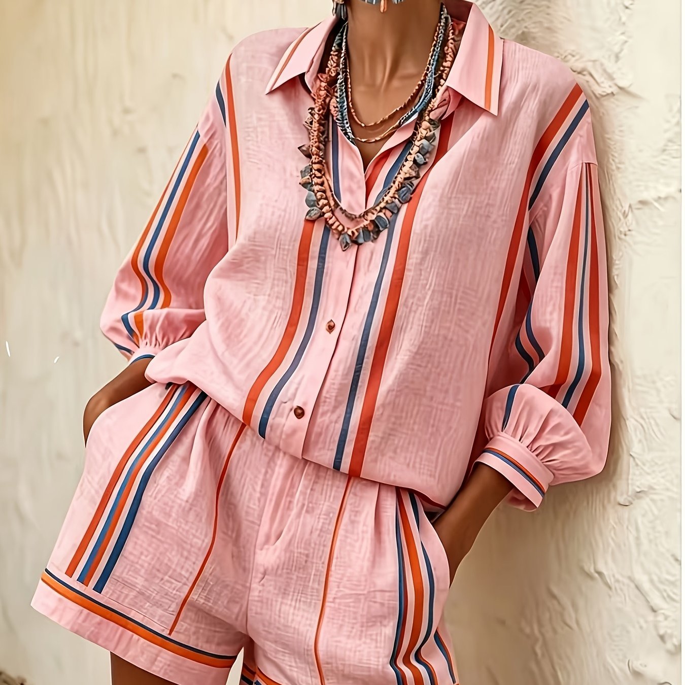 Striped Vacation Shirt and Shorts Two-Piece Set