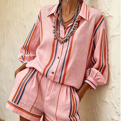 Striped Vacation Shirt and Shorts Two-Piece Set