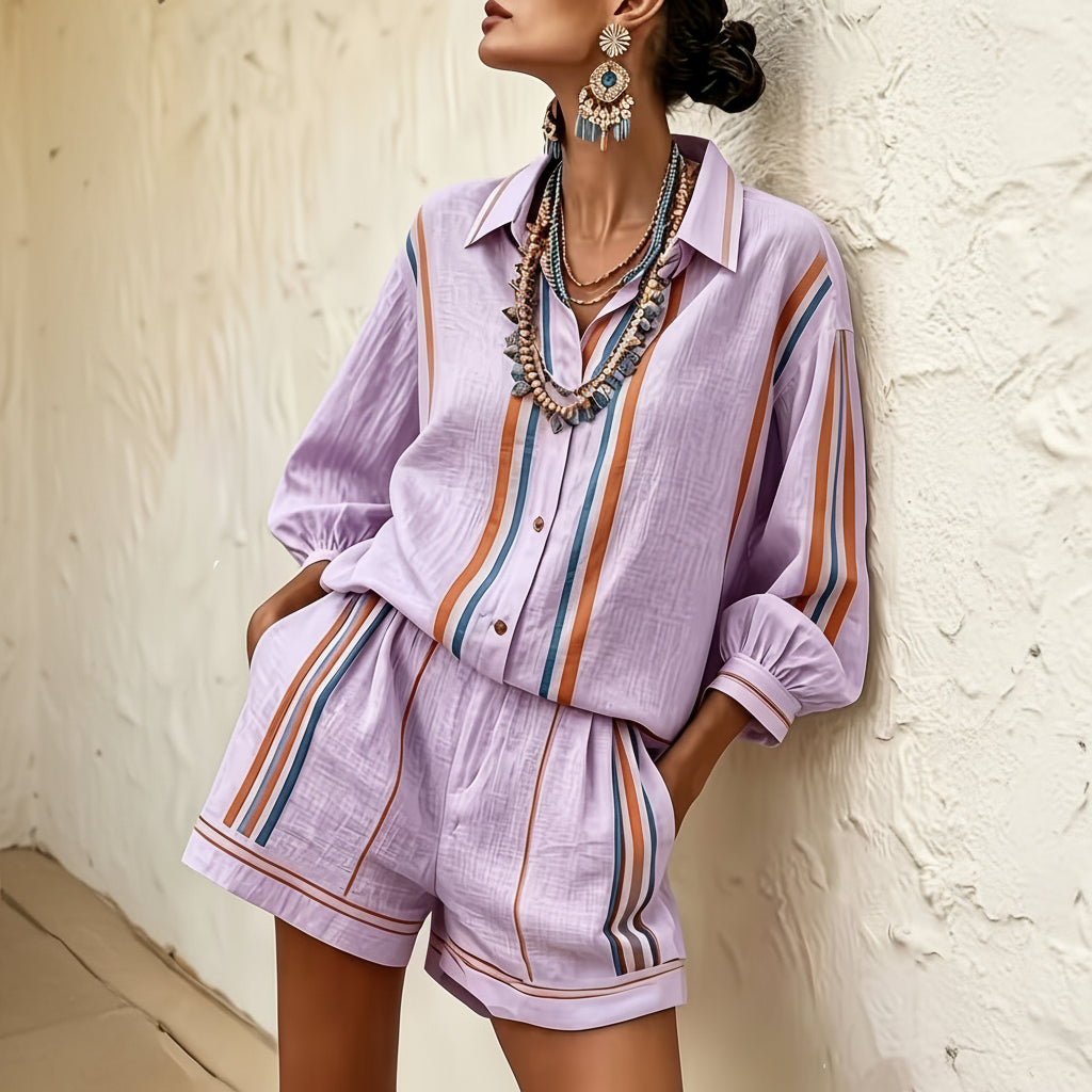 Striped Vacation Shirt and Shorts Two-Piece Set