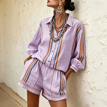Striped Vacation Shirt and Shorts Two-Piece Set