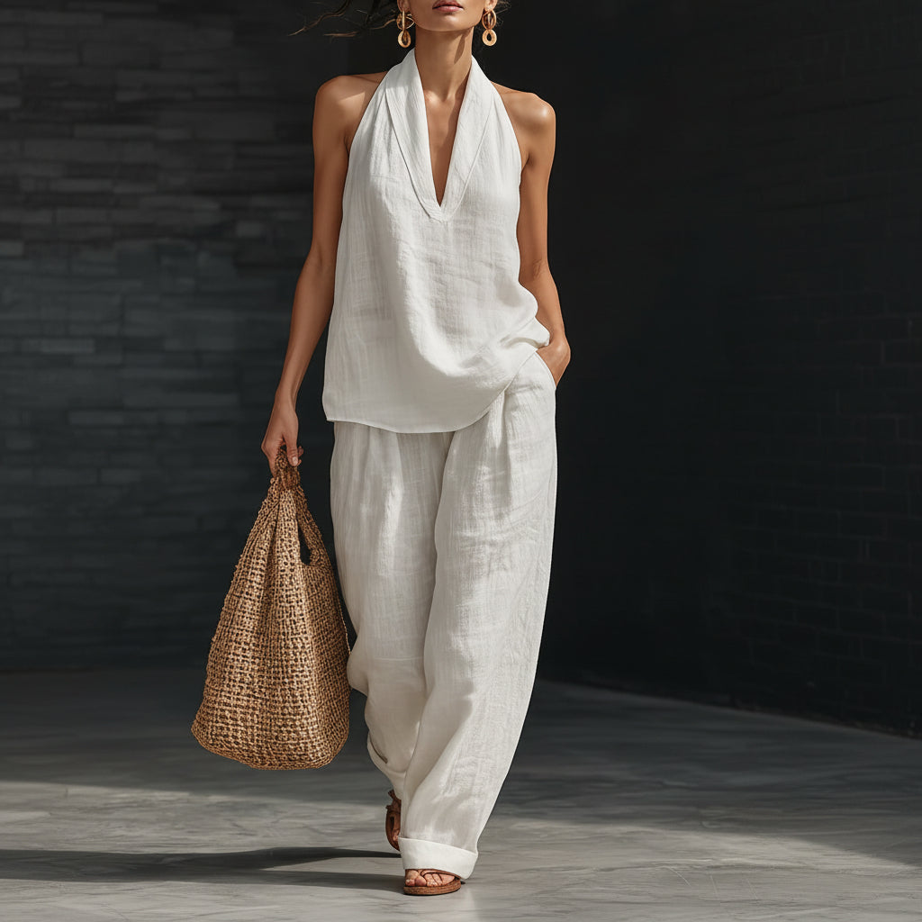 Linen V-Neck Sleeveless Wide-Leg Set