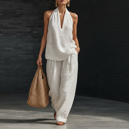 Linen V-Neck Sleeveless Wide-Leg Set