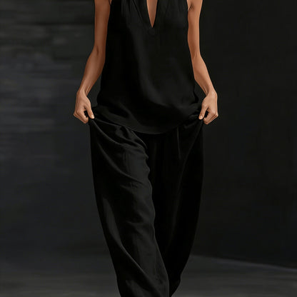 Linen V-Neck Sleeveless Wide-Leg Set