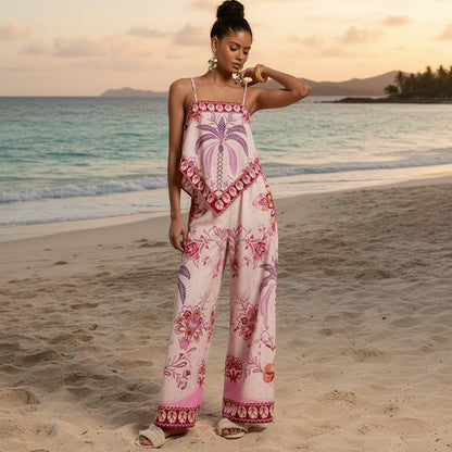 Floral Camisole and Wide-Leg Pants Two-Piece Vacation Set