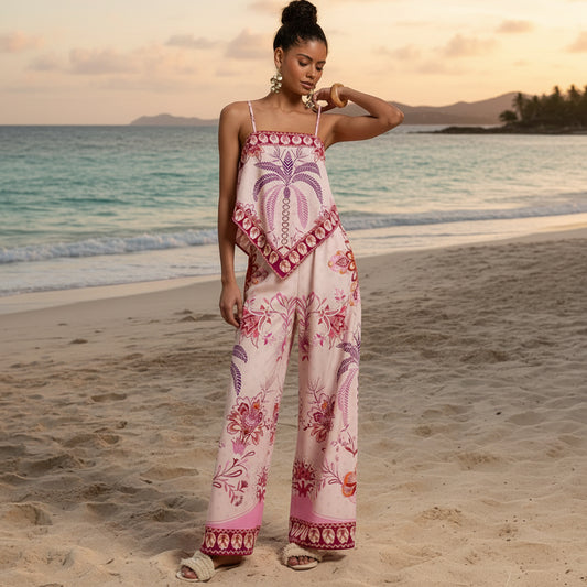 Floral Camisole and Wide-Leg Pants Two-Piece Vacation Set
