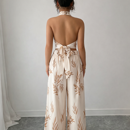 Elegant Printed Halter Top and Wide-Leg Pants Set