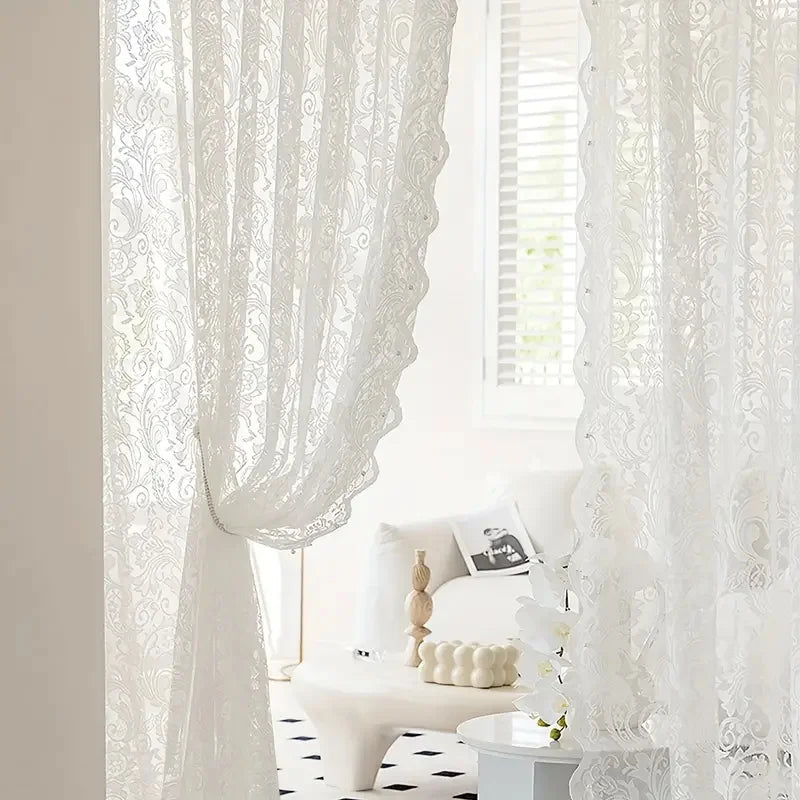 Elegant Lace Curtain Panel with Beaded Phoenix Tail Detail - French Country Style 2