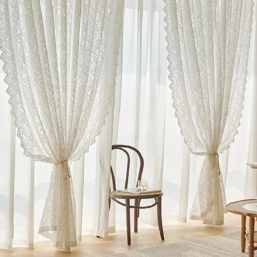 Elegant White Lace Curtain Panel with Beaded Phoenix Tail Detail for Living Room and Kitchen 0